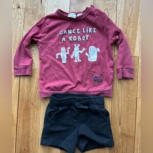 Zara Baby Boy Outfit Long Sleeve Robot Red Tshirt Black Shorts 9-12 Months